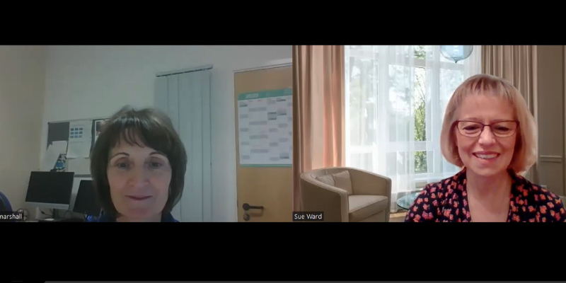 Screen grab from zoom conversation showing Marie Marshall on the left and Sue Ward on the right, both are smiling