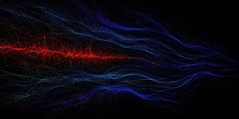 Flowing, intertwined blue and red light waves against a dark, black background, creating a sense of energy and technology.