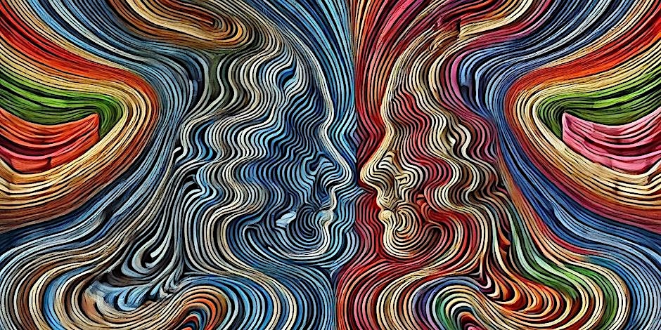 swirls of colour create two faces, looking at each other