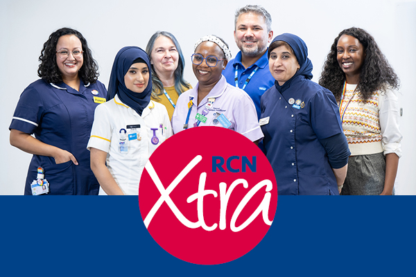 diverse group of smiling nursing staff with RCNXtra logo