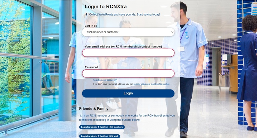 A screenshot of the RCNXtra login page