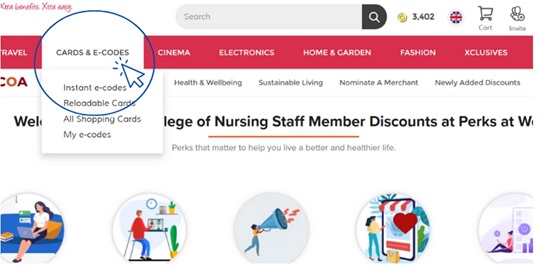 Screenshot of RCNXtra showing the cards and e-codes dropdown menu