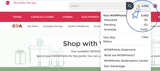 RCNXtra screenshot showing WOWPoints dropdown menu