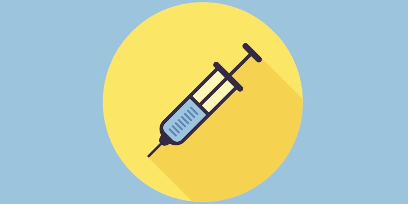Illustration of syringe containing blue liquid on yellow and blue background