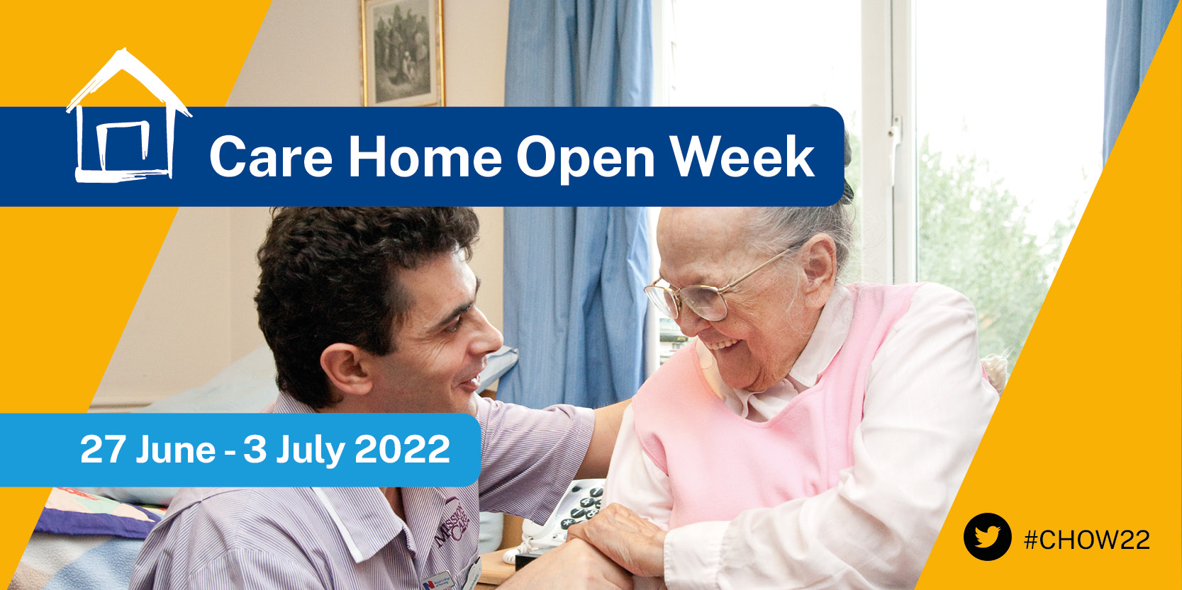 Member of staff with resident in care home and dates of Care Home Open Week 2022