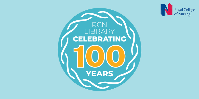 Teal circular logo with white wreath and text. Text reads: RCN Library celebrating 100 years