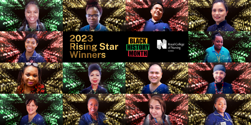 Image of the Rising Stars of 2023 with the Black History Month logo and RCN London logo