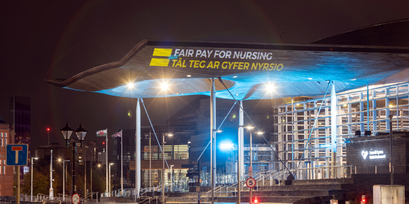 Fair Pay for Nursing campaign light projections at Senedd