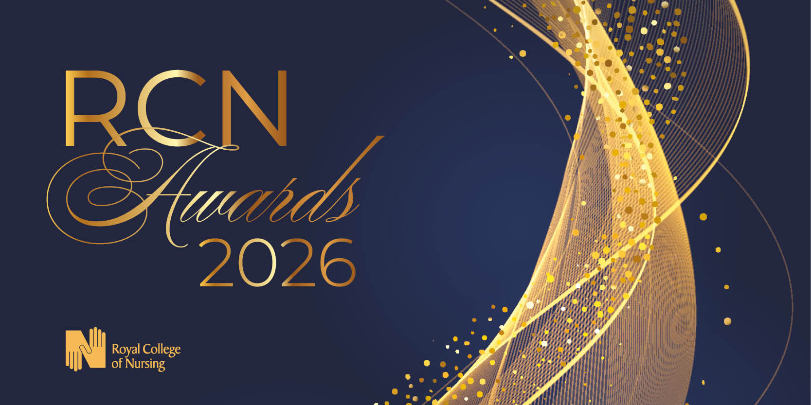 A graphical logo for the RCN Awards logo 2026 is shown. The words "RCN Awards 2026" are seen in gold on a navy blue background, with the RCN logo in gold also