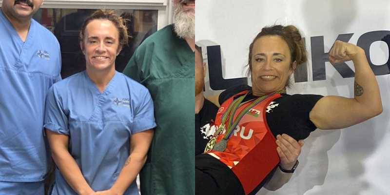 Photo montage of Delyth Jones in pale blue nursing uniform and Delyth in her powerlifting clothing posing in power stance