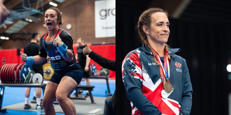 White woman with long hair in plaits looks happy after hearing powerlifting competition results