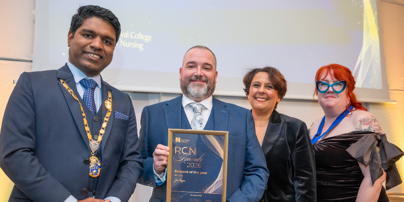 A picture from the RCN Awards 2026 shows RCN President Bejoy Sebastian, Steward of the Year Jon Rogan, RCN General Secretary and Chief Executive Professor Nicola Ranger and Chair of RCN Council Carmel O’Boyle. They are all smiling as Jon holds up his award