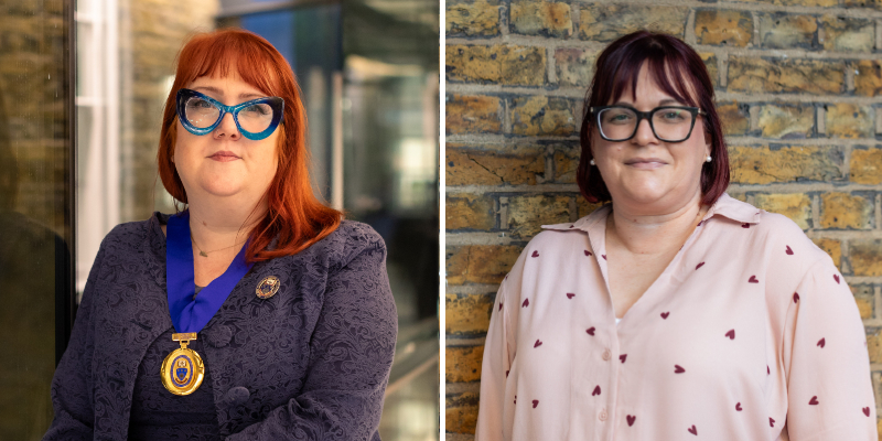 A composite image shows two women shown in split-screen format. On the left is Carmel O'Boyle. She has dark orange hair and wears glasses with light blue frames. She wears a dark purple patterned jacket and a medal hangs from her neck on a thick ribbon. On the right is Natalie Brooks. She stands in front of a brick wall. She has dark hair and glasses, and wears a pink blouse with small red hearts on it.