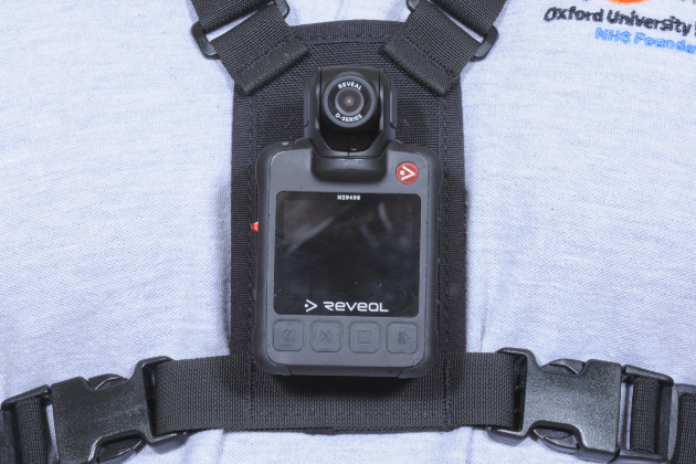 Close up of body cam strapped to chest