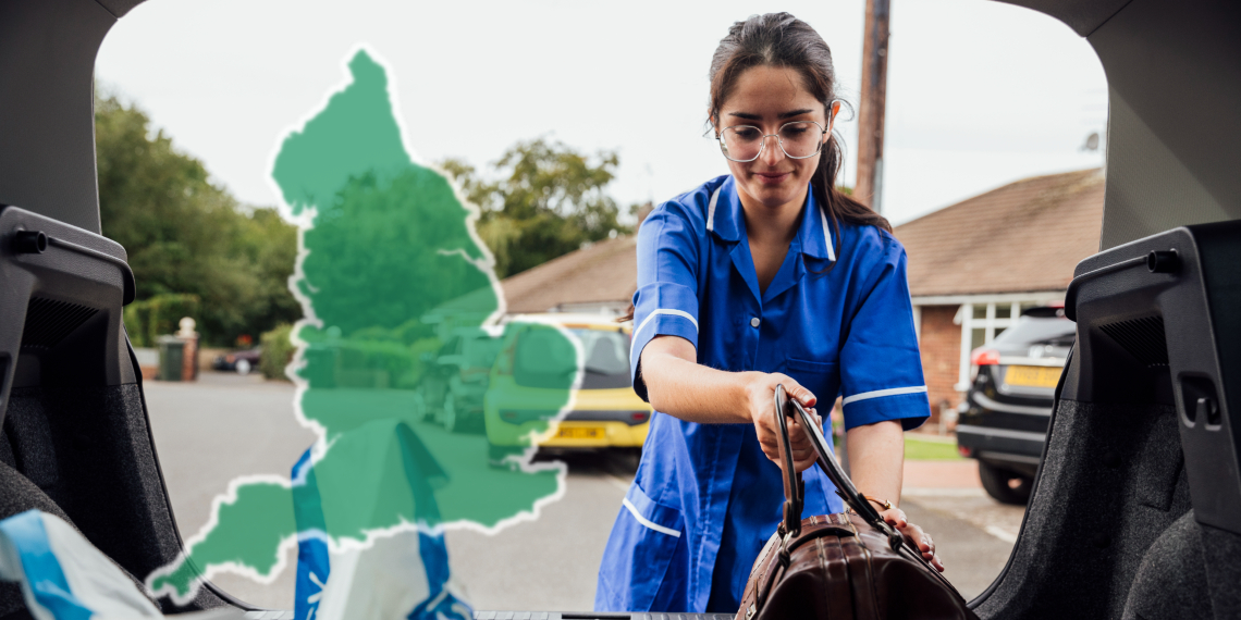 A composite image shows a nurse getting her bag out of the boot of a car, with a map outline of England overlaid next to her. The picture has been taken from inside the car, looking out. The female nurse wears a blue uniform and is parked in a residential street She wears glasses and has dark brown hair.