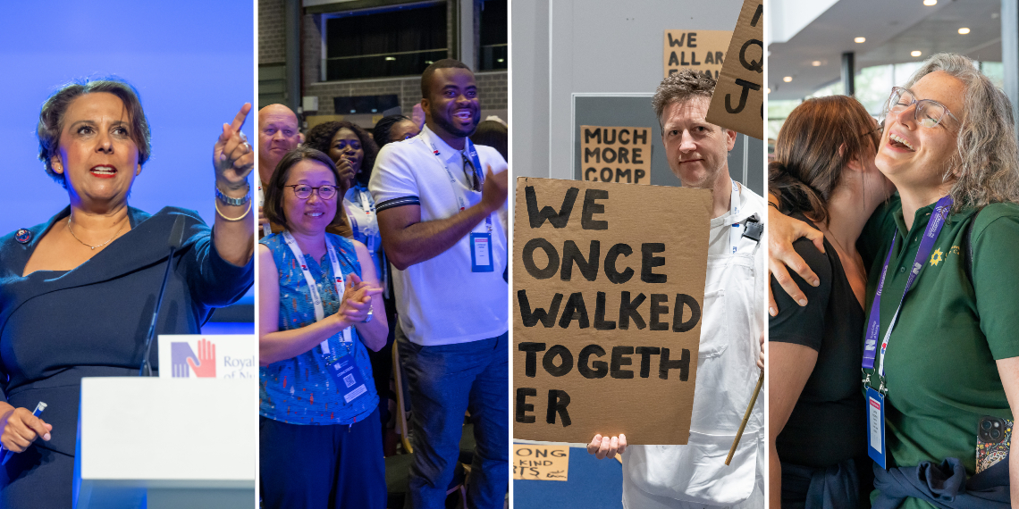 A composite image shows different pictures from RCN Congress in Liverpool 2025. Nicola Ranger gives her keynote speech at the podium, the crowd is shown applauding. A man holds a hand-painted sign which reads "we once walked together" and two women hug.