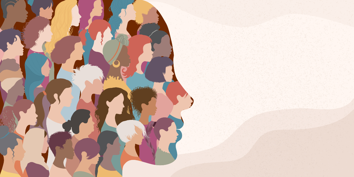 A graphical image shows the outline of a person's face in profile looking to the right. Their face is made up of many smaller faces of varying colours, genders and races