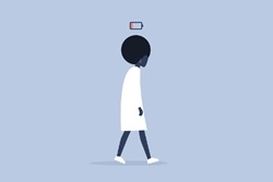 Illustration shows woman walking with empty battery symbol above her head symbolising fatigue