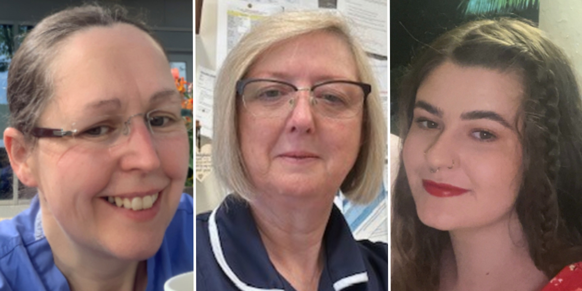A composite image shows three nurses, all looking into the camera: Lisa, Alison and Georgia. Lisa is in her nursing uniform on a break, she is wearing glasses, smiling and holding a cup of coffee. Alison is also wearing her nursing uniform. A lanyard can be seen around her neck. Georgia is seen out of work. She has long, dark brown hair and a red top.