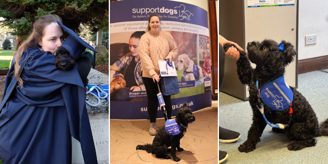 A composite image shows three pictures of Caroline and her support dog Luna, a Springerpoo breed, a small black dog with curly hair. In the left-hand picture, Caroline is dressed in academic robes and Luna is wearing Caroline's mortarboard cap. Caroline is kissing and hugging Luna. In the centre picture, Caroline is holding Luna's lead while standing and smiling at the camera. Caroline is wearing a beige knitted jumper and black trousers, standing in front of a sign promoting the charity Support Dogs. The right-hand image shows a close-up of Luna shaking hands with a person.