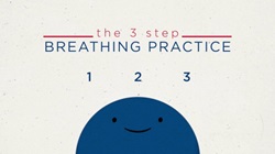 Still from mindfulness animation shows character starting "the 3-step breathing practice"
