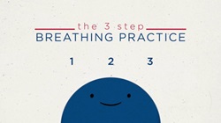 Still from mindfulness animation shows character starting "the 3-step breathing practice" Still from mindfulness animation shows character starting "the 3-step breathing practice"