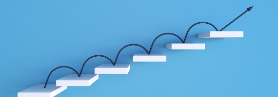 White floating steps on a blue paper background, with a drawing of black line/arrow jumping from step to step 