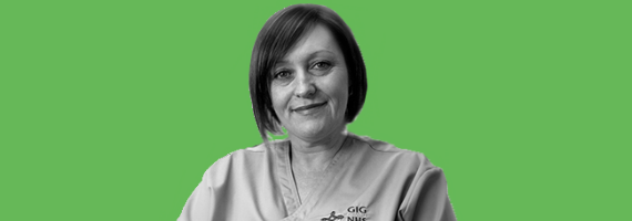 Black and white image of a female HCA with a bright green background
