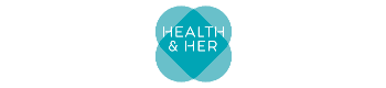 health and her logo (company name in white font over a blue graphic of two hearts overlapping vertically