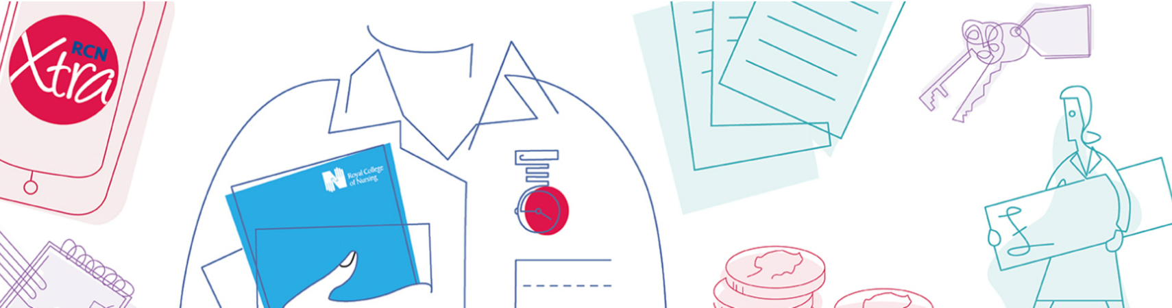simple cartoon sketch showing nursing and student-related items, including an RCN nursing handbook, uniform, stopwatch, documents, keys, coins and a healthcare worker holding a certificate.