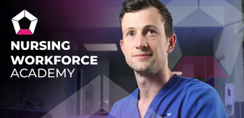 Nursing workforce academy logo and a nurse standing in a hospital