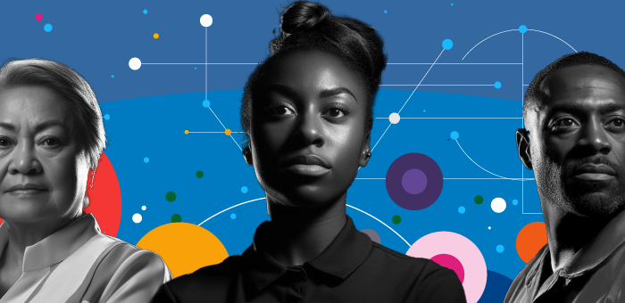 Diverse group of three professionals (an older woman, a young woman, and a middle aged man) shown against a vibrant, blue abstract background with colourful circles and connecting lines symbolising networks, growth, and innovation.