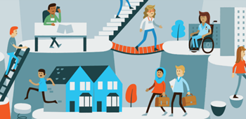 Illustration of quirky, diverse, cartoon health professionals engaging in various career-related activities, such as climbing ladders, crossing bridges, working at desks, and walking through neighbourhoods, symbolising career progression, career side stepping, growth, learning, and inclusive pathways.