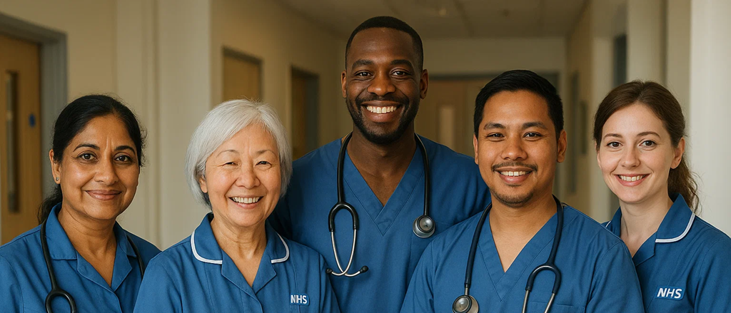 A group of nurses from diverse ethnic backgrounds standing together in uniform