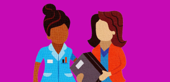 illustration of two nursing staff on pink background
