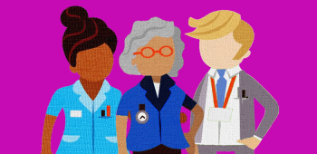 illustration of 3 healthcare professionals on pink background