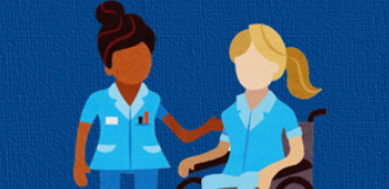 illustration of two nurses chatting, one is a wheelchair user