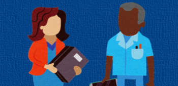 illustration of a nurse in plain clothes and a nurse in scrubs both are carrying files