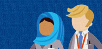 illustration of two members of the nursing team one is wearing a hijab and suit, the other a suit and tie.