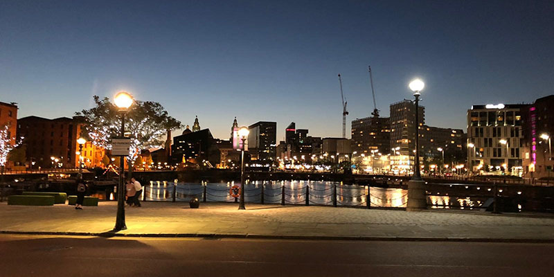 Liverpool docks at night with twinkling lights Liverpool docks at night with twinkling lights