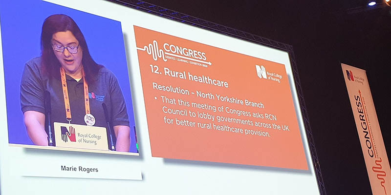 Marie Rogers seconding a rural health care resolution at RCN Congress