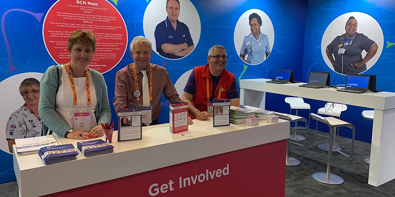 Senior RCN Officer Helen Hancox, RCN Council South West member Geoffrey Walker and Regional Service Manager Tony Aspinall at the RCN South West stand at RCN Congress 2019 Senior RCN Officer Helen Hancox, RCN Council South West member Geoffrey Walker and Regional Service Manager Tony Aspinall at the RCN South West stand at RCN Congress 2019