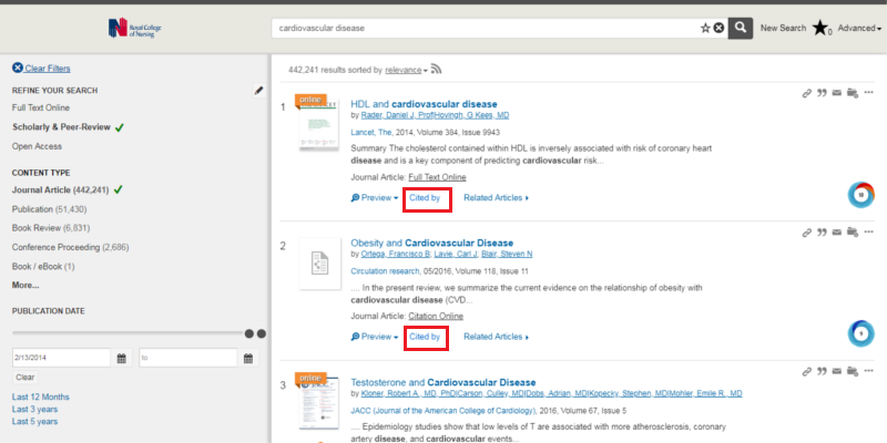 Screenshot of the RCN library search page with citation trail tool highlighted