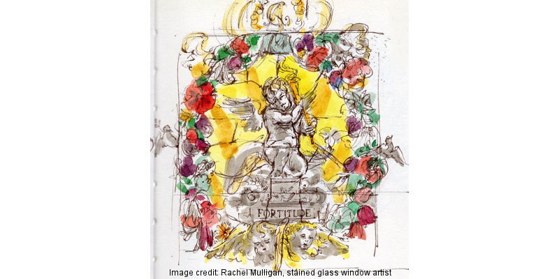 Watercolour drawing of stained glass window at the RCN - by Rachel Mulligan