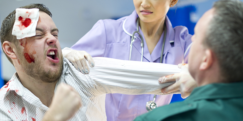 Injured patient attacking healthcare staff