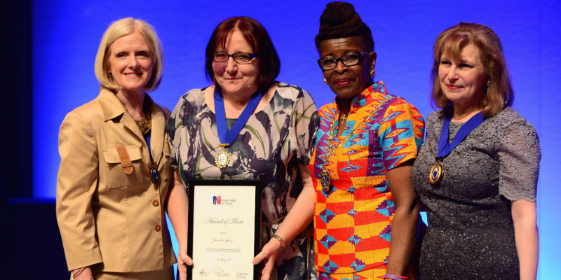Jeanette Jones receiving her Award of Merit on Nurses' Day at Congress 2018 from Janet Davies, Cecilia Anim and Maria Trewern Jeanette Jones receiving her Award of Merit on Nurses' Day at Congress 2018 from Janet Davies, Cecilia Anim and Maria Trewern