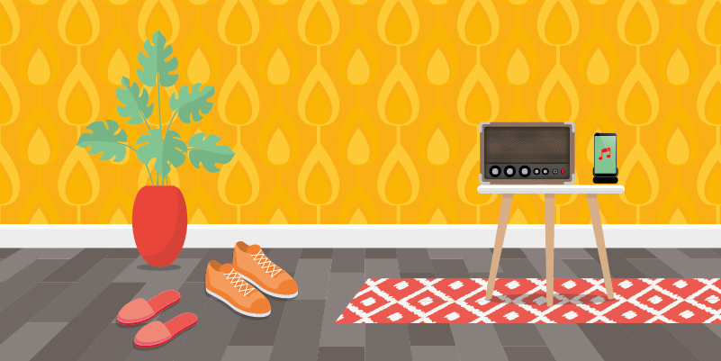 An illustrated household scene showing a pair of slippers next to a pair of trainers and a side table with an old radio next to a smartphone playing music