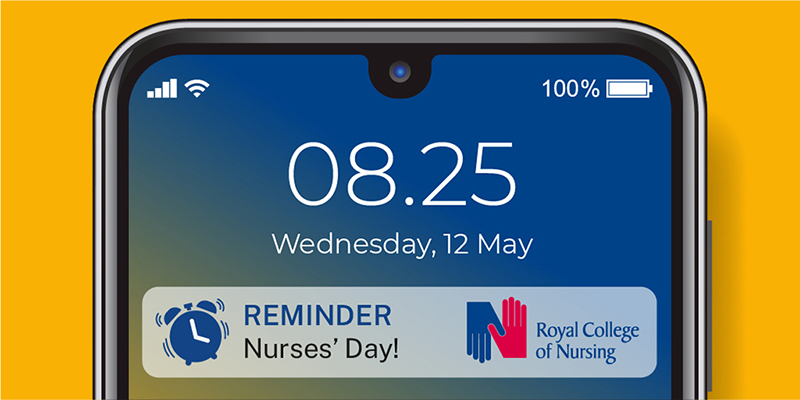 Phone screen showing a reminder for Nurses' Day on 12 May