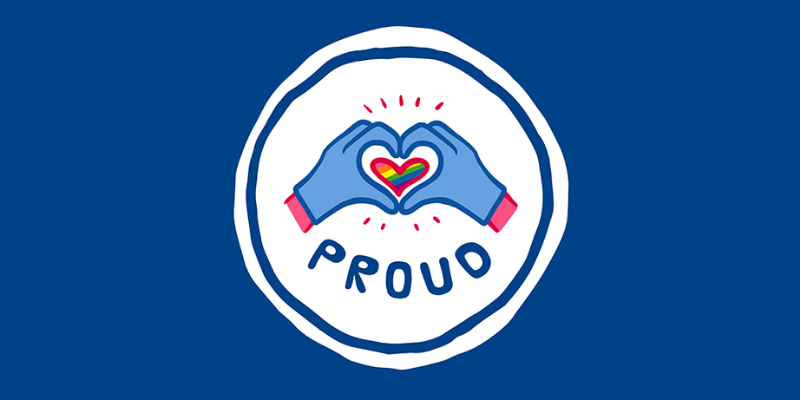 Graphic two hands making a heart shape with a rainbow heart, and the word Proud