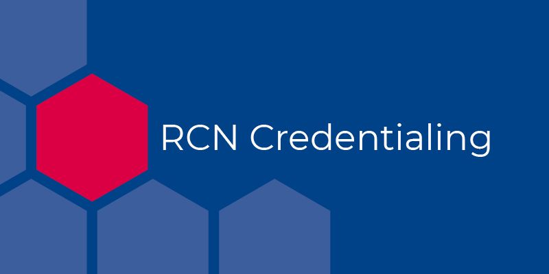 Blue background and hexagon pattern on left side, with text reading 'RCN Credentialing'